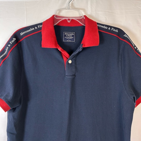 Abercrombie & Fitch Men's Polo short sleeve Navy Red shoulder branded Size Large - Picture 2 of 7
